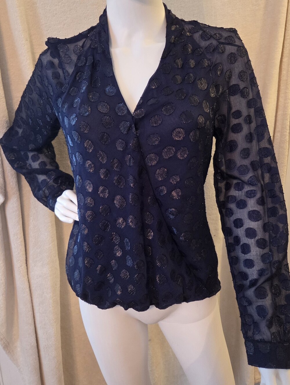 Jennifer Lopez Navy Sheer Polka Dot V-Neck Blouse
